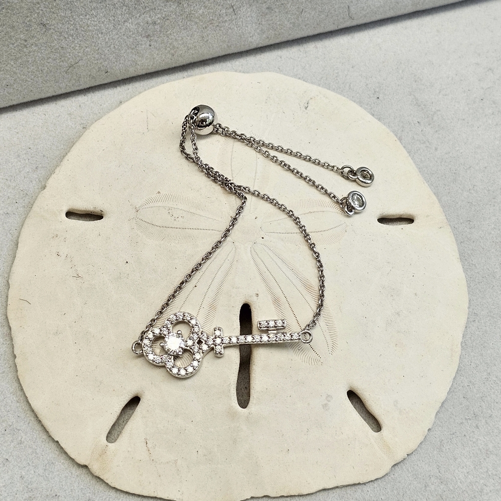 925 Silver Key Bracelet with CZs Bolo Adjustable Like New Without Tags